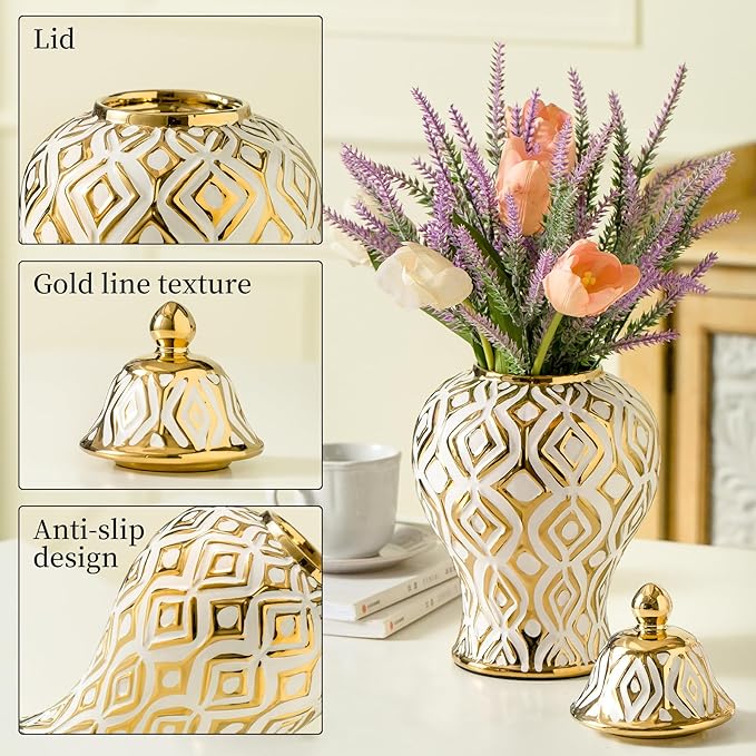 White and Gold Vase with Lid, Ginger Jars for Home Decor, Ceramic Flower Vase for Home, Kitchen, Bookshelf Decor, Storage jar, Table Center Vase, Centerpieces Jarrones(14.57in)