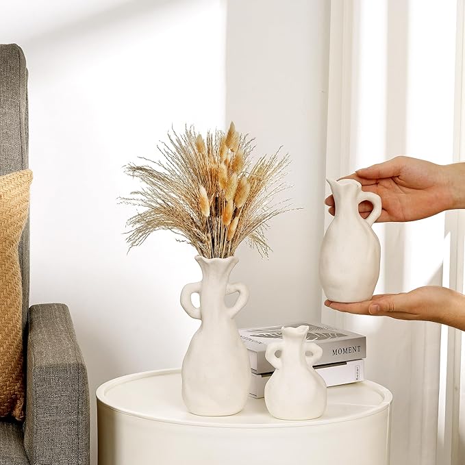 VECELO White Ceramic Vase Set of 3, Modern White Vases for Centerpieces, Flower Vases with Handles for Entryway, Shelf, Mantels, Dining Table