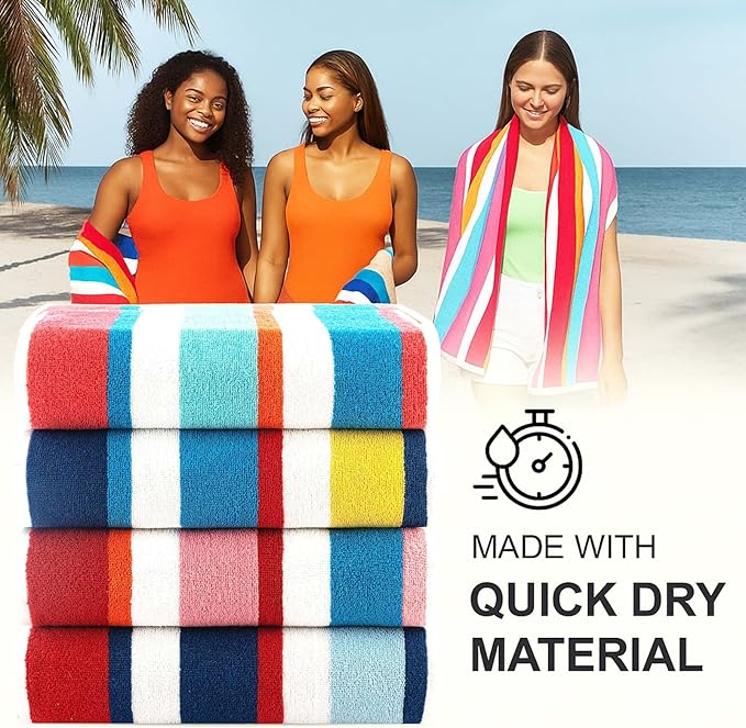 CASA COPENHAGEN Bora Bora Beach Towels Designed in Denmark Rough and Tough, Quick Dry, for Pool, Bath & Shower 30x60 inches 4 Pieces Cotton Beach Bath Towels Set - Pink, Red, Yellow, Turquoise