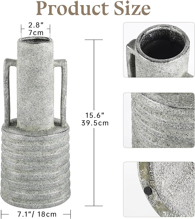 Hollyone Large Vintage Ceramic Vase with 2 Handles, 15.6" Tall Silver-Toned Antique Rustic Decorative Floral Grey Vases for Flowers Home Table Centerpiece Shelf Living Room Entryway Farmhouse Decor