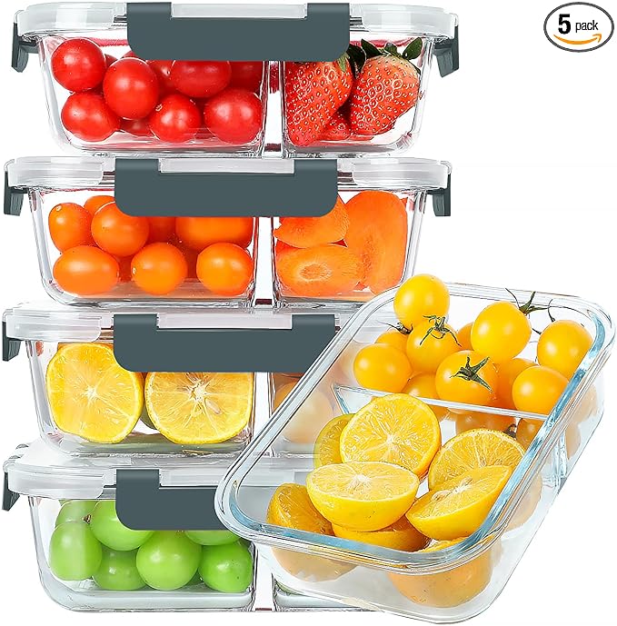 KOMUEE 30 oz 5 Pack Glass Meal Prep Containers 2 Compartments, Glass Food Storage Containers with Lids, Airtight Lunch Box, Microwave, Oven and Freezer Safe