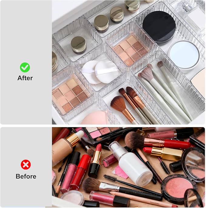 10 Pcs Clear Drawer Organizers, 3 Sizes Stackable Makeup Vanity Drawer Organizer Trays, Dresser Bathroom Desk Drawer Organizers Storage Bins Tray for Jewelry Makeup