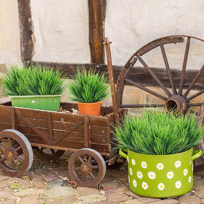 Ouddy Decor 24 Bundles Artificial Plants Outdoors Fake Wheat Grass Faux Greenery Stems Plastic Shrubs UV Resistant for Patio Garden Porch Window Box Spring Home Decor, Green