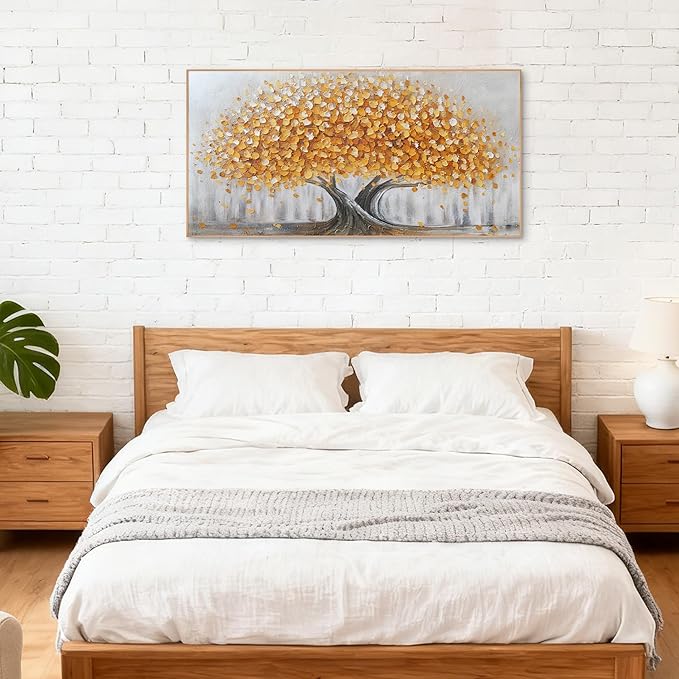 Gold Tree of Life Canvas Wall Art, Modern Abstract Textured Painting, Large Framed Panoramic Landscape Artwork for Living Room, Bedroom, Office, Home Decor 40"x20"