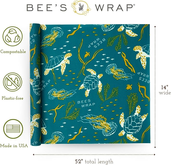 Bee's Wrap Beeswax Wraps for Food - Cut to Size 14x52" Wax Paper Roll - Made in USA Reusable Waxed Paper & Bowl Covers - Organic & Eco-Friendly Alternative to Aluminum Foil & Plastic Wrap, Ocean