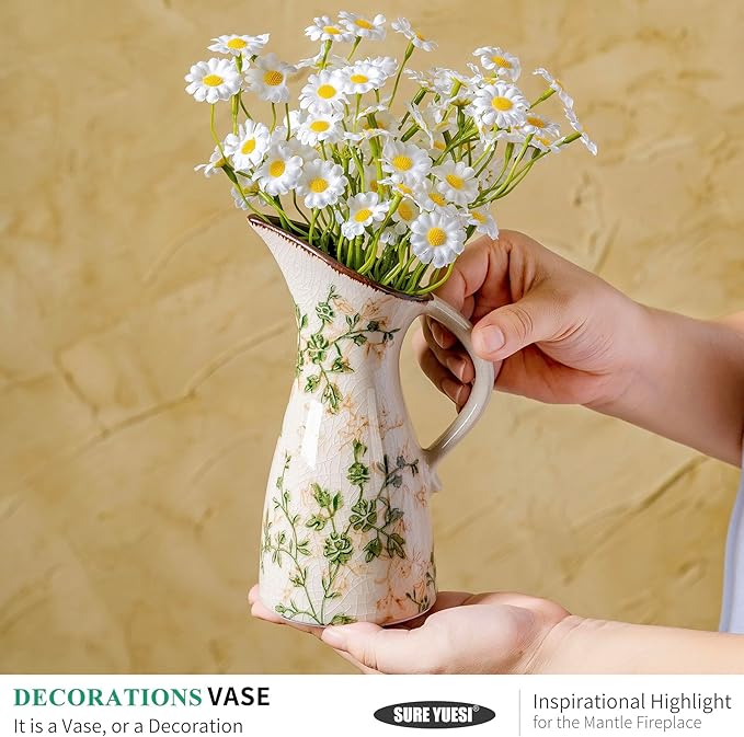 Set of 2 Vases, Green and Beige Pastoral Vintage Vase Set for Flowers, Rustic Farmhouse Decorative Vases for Home Decor, Chinoiserie Floral Vase, Living Room Table Centerpiece