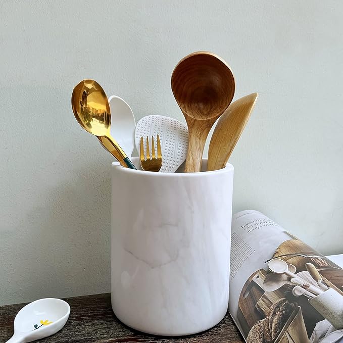 Handmand Natural Marble Stone Vintage Kitchen Utensil Holder - 5.1" D X 6.3" H Kitchen Counter Organizers and Storage Tool Crock (Jazz White)