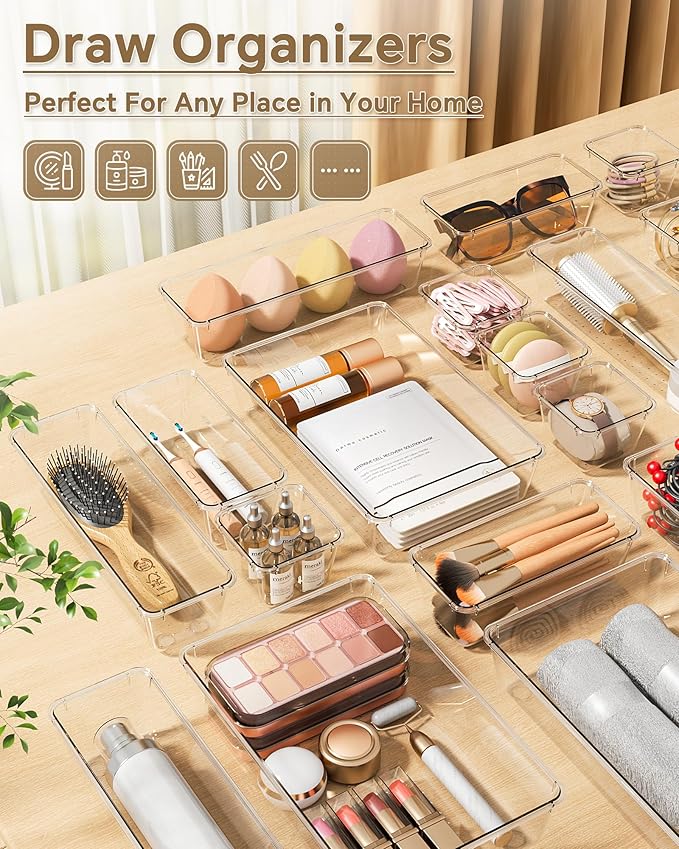 25 PCS Plastic Drawer Organizers Set, 4 Sizes Vanity Organizer, Makeup and Desk Drawer Organizer Trays, Organization and Storage for Makeup, Bathroom, Kitchen Utensils and Office (Clear)