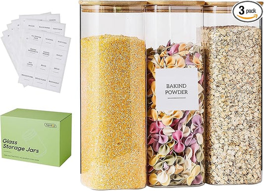 Glass Jars with Bamboo Lids 3 Pack, 74 Oz Airtight Square Storage Container, High Borosilicate Glass Kitchen Canisters for Soild food, Nuts/Cookies/Sugar/Pasta