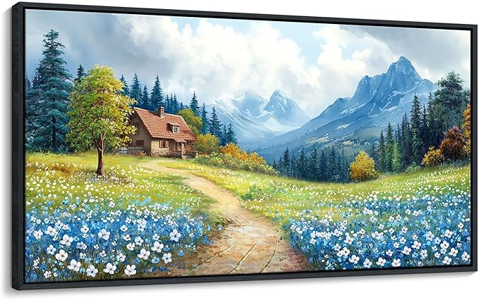 CHATYOUNG Framed Wall Art Landscape Paintings, Blue Misty Mountains Rustic Canvas Prints Farmhouse Cottage Wall Pictures Large 24"X48" for Living Room Bedroom Bathroom Home Decor Moving Gift