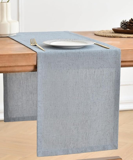 Wracra Linen Style Table Runner, Rustic Farmhouse Chambray Dusty Blue Table Runners 60 Inches Long, Handcrafted Table Runner for Fall, Winter - Everyday Use and Machine Washable