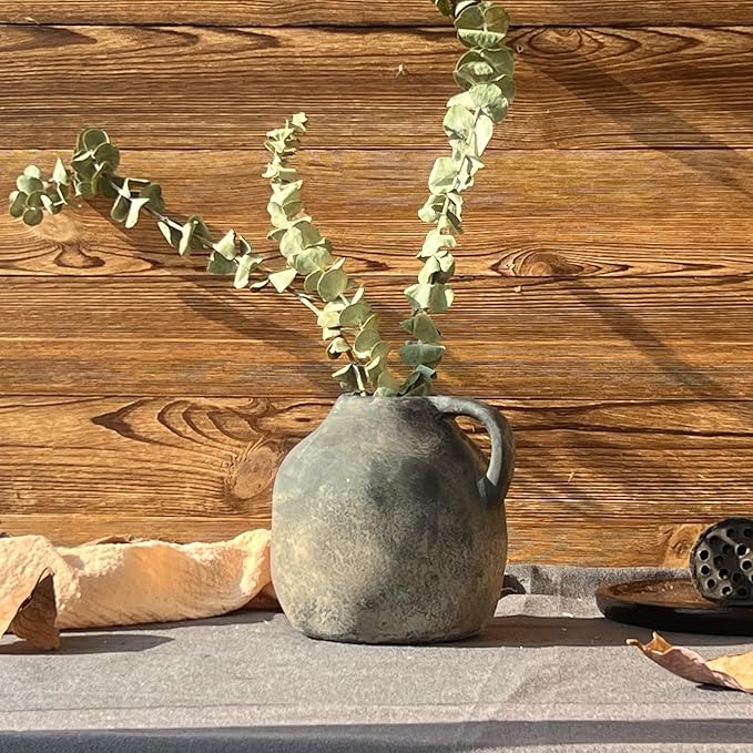 Rustic Ceramic Vase with Handle, Handmade Vintage Pottery for Home Decor, Black Farmhouse Flower Vase for Living Room, Wedding, Kitchen Centerpiece - 5.6 Inch