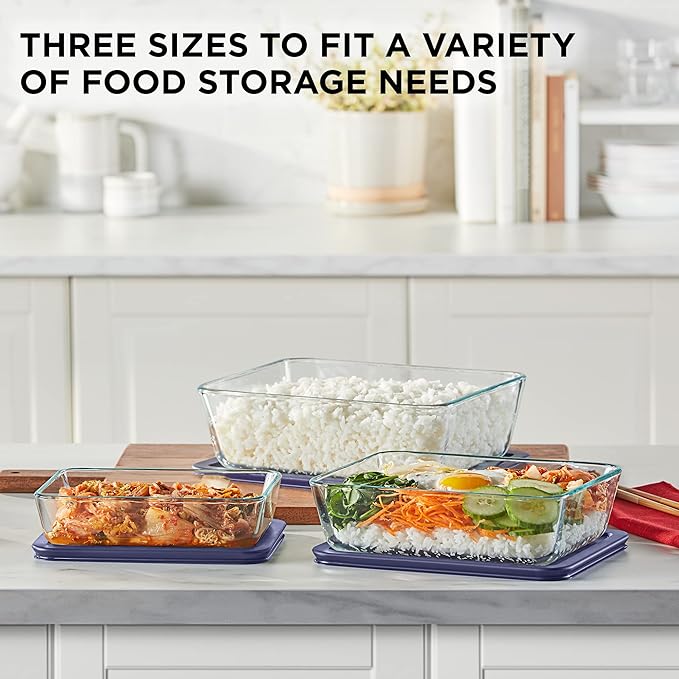 Pyrex Simply Store (3-Pack) Rectangular Glass Food Storage Containers Set, (3, 6 & 11 Cup) Meal Prep Containers With BPA-Free Lids, Dishwasher & Microwave Safe