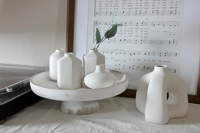 Carrot's Den - Set of 6 Nordic Minimalist White Ceramic Donut Bud Vases for Decor | Modern Boho Vases for Dry Flowers + House Plants | Wedding, Bookshelf, Home Decor, Coffee Table, Centerpiece (White)