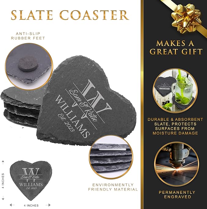 My Personal Memories Custom Engraved Slate Coasters Set of 4 - Monogrammed Coasters for Drinks, Weddings, Couples, Anniversaries - Personalized (Heart)