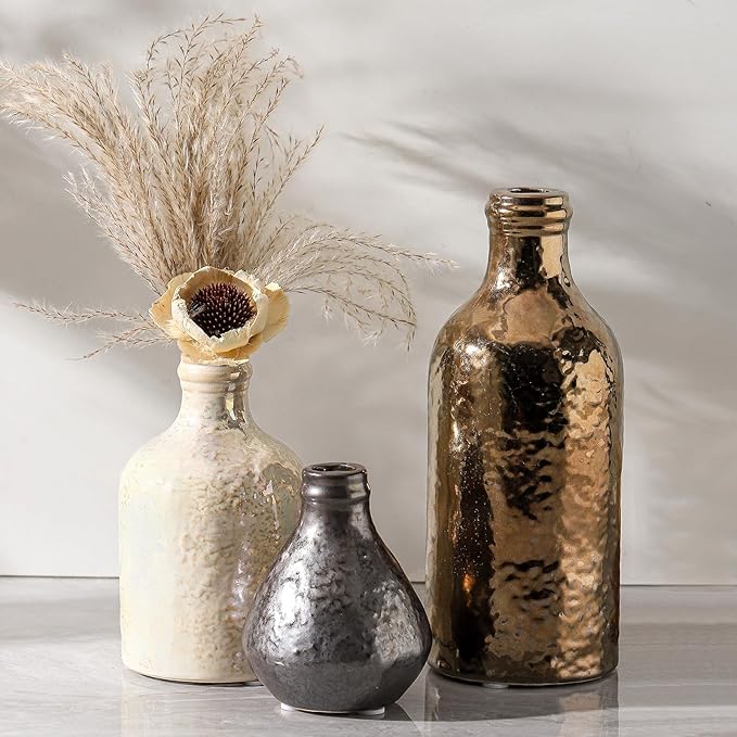 Ceramic Vase Set of 3 | Decorative Vases Home Decor | Flower Pampass Boho Modern Neutral Vase for Living Room, Table, Mantel, Entryway, Bookshelf, Kitchen, Bedroom, Bathroom - Multicolor