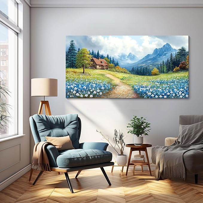 CHATYOUNG Large Mountains Wall Art,Rustic Blue Forest Wild Flowers Path Landscape Wall Paintings for Living Room Bedroom kitchen Home Decor Gifts for Women 29"X58"