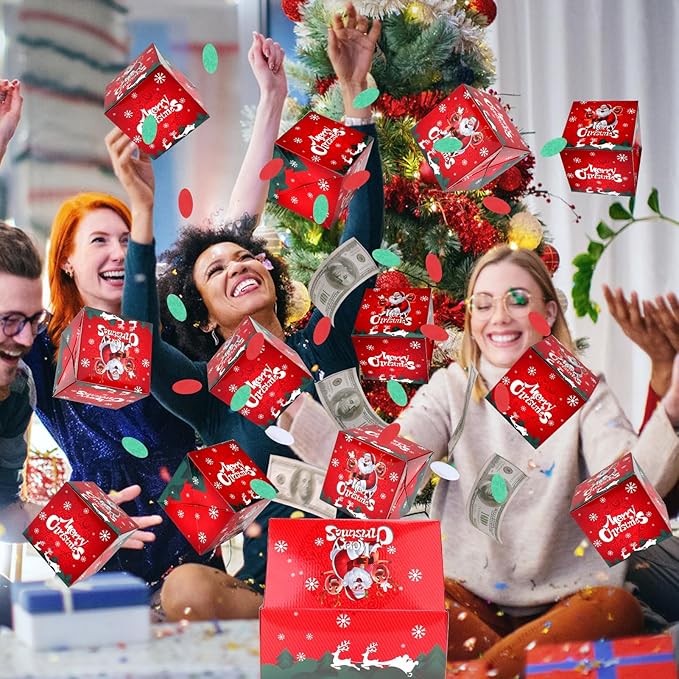 BABORUI Christmas Surprise Gift Box Explosion with Confetti, Seeroze Money Box for Cash Gift (Red Snowflake)