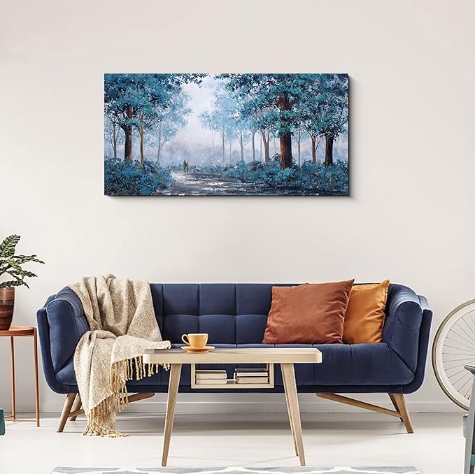 KLAKLA Bedroom Art - Canvas Tree Wall Art for Bedroom Office Home Decor - Blue Picture Artwork for Wall - Blue Leaves Plant Forest Wall Decor