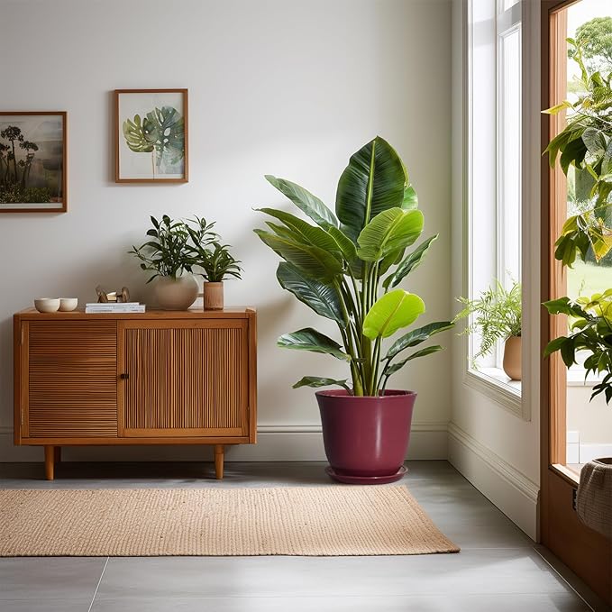 Ceramic Plant Pots - 10 Inch Plant Pot with Drainage Hole and Saucer, Round Planter for Indoor Outdoor, Modern Decorative Large Flower Pots, Home Room Garden Decor, Plants Lovers Gifts, Red