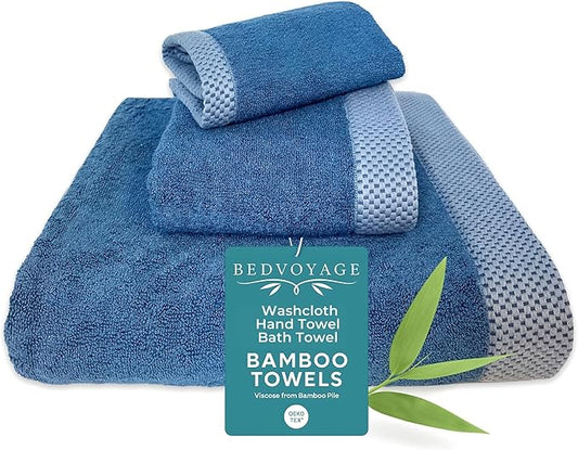 BedVoyage Luxury Bath Towels Set of 3 - Ultra Soft Plush Bathroom Towel Set - Highly Absorbent Viscose from Bamboo Bath Towels Ultra Soft - 3pc Spa Towel for Body - Indigo