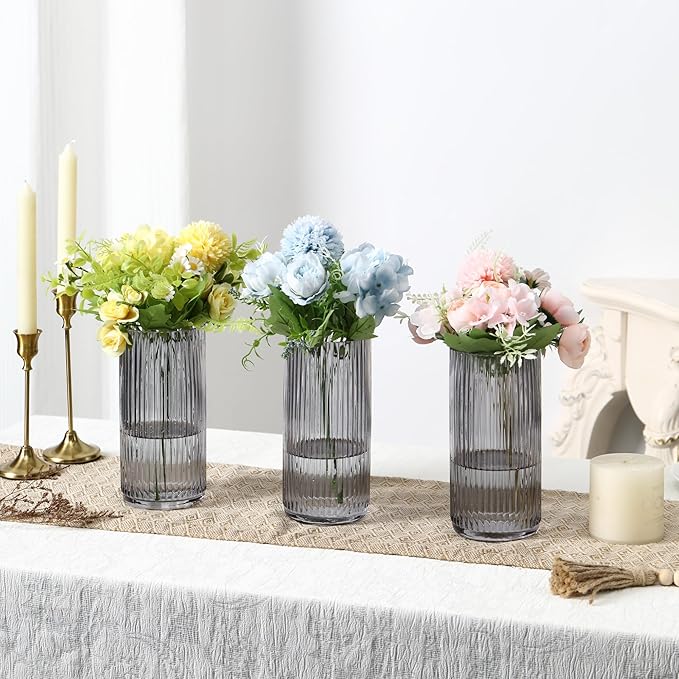 Black Glass Vases, Flower Vases Set of 3, Ribbed Glass Vase for Tulips, Tall Cylinder Glass Vases for Living Room, Bedroom, Dining Table, Office, Wedding, Bookshelf Decoration, 8 Inches