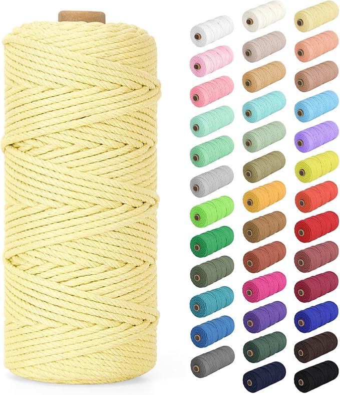 Macrame Cord 3mm x 109Yards (328Feet), Natural Cotton Macrame Rope - 4 Strands Twisted Macrame Cotton Cord for Wall Hanging, Plant Hangers, Crafts, Gift Wrapping and Wedding Decorations, Light Yellow
