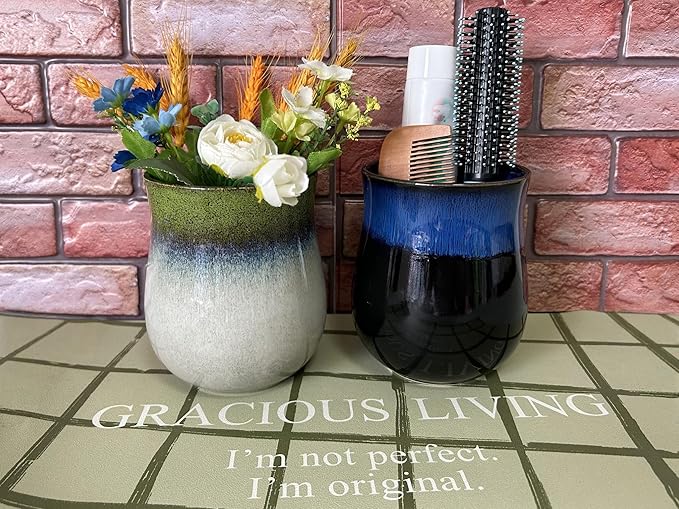 Medium Ceramic Kitchen Utensil Holder for Kitchen Counter Short Cooking Utensil Holder for Countertop Spatula Holder Small Utensil Crock Cutlery Holder Silverware Caddy Flower Vase (Retro Sapphire)