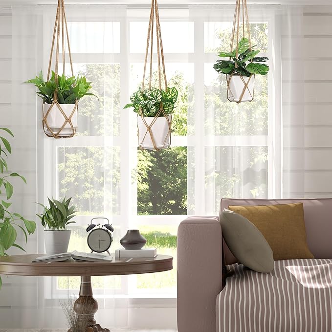 YIBOT 3 Pack Macrame Plant Hanger Indoor Hanging Planter Basket with 3 Hooks, 35"/29"/23" Crochet Plant Holder Stand No Tassels for Indoor Outdoor Boho Home Decor, Brown (POTS NOT Included)