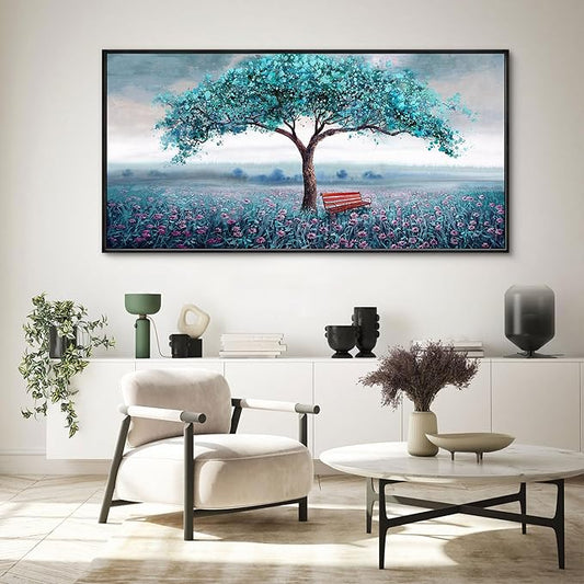 KLAKLA Extra Large Tree Wall Art - Teal Blue Nature Tree of Life Abstract Canvas Painting for Living Room Modern Large Panoramic Landscape Framed Artwork for Bedroom Office Home Decor