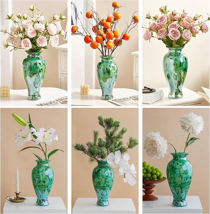 Hand Blown Green Classic Vase for Home Decor, 11.5Inch Glass Flower Vase for Shelf Decor, Living Room Decor, Centerpieces, Unique Gift for Her Mom Sister Friends