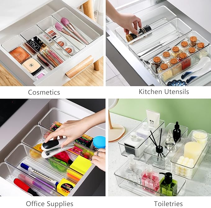 8 PACK Clear Organizer Bins Deep Drawer Organizer Bins Stackable for Cutlery Vanity Storage Bins for Bathroom Kitchen Office Desk Organizing