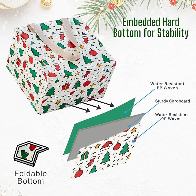 VENO 4 Pack Christmas Reusable Grocery Bags, Heavy-Duty Shopping Bags with Handles, for Shopping Cart with Hard Bottom to Stand Upright, Foldable (Jingle Mix, 4 Pack)