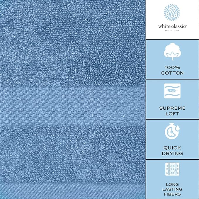 White Classic Luxury Bath Towel Set of 8 Pieces - 100% Turkish Cotton Highly Absorbent Towels for Bathroom, 2 Luxury Bath Towels 700GSM, 2 Hand Towels, 4 Washcloths, Light Blue