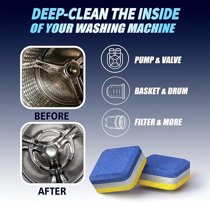 Washing Machine Cleaner Descaler 28 Pack - Designed for Front Loader Washer - Deep Cleaning Tablets For HE, Septic Safe Eco-Friendly Deodorizer, Clean Inside Drum & Laundry Tub Seal - 14 Month Supply