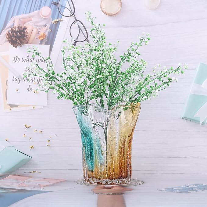 Hand Blown Glass vase, Wide Mouth Petal vase, Colorful Modern Glass Art Home Decor vase for Family Living Room, Wedding Scene, Dining Table Center, Entrance Table top