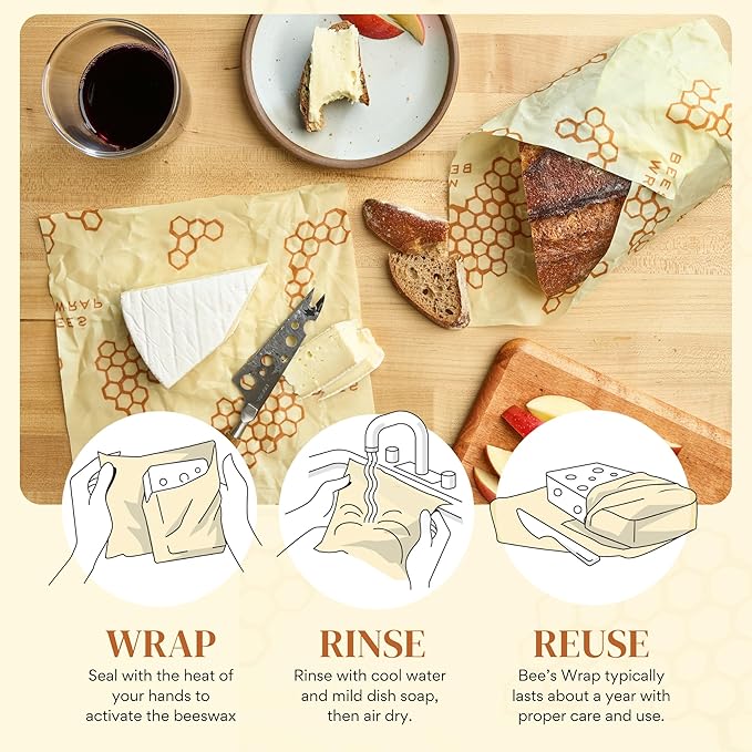 Bee's Wrap Beeswax Wraps for Food - Made in USA Reusable & Organic Food Wraps & Bowl Covers - Eco-Friendly Alternative to Aluminum Foil & Plastic Wrap, Honeycomb 5 Pack (2L, 3M)