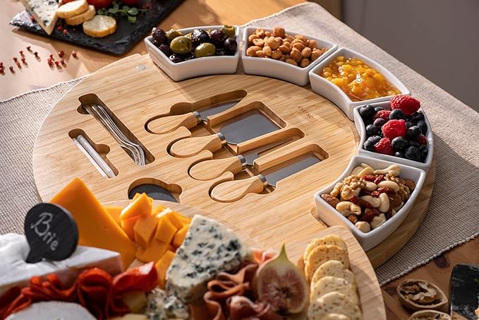 ChefSofi Charcuterie Cheese Board and Platter Set - Made from Bamboo Wood - US Patented 16 inch Cheese Cutting Board and Knife for Entertaining and Serving - 4 Knives - 5 Bowls - 2 Markers - 4 Forks