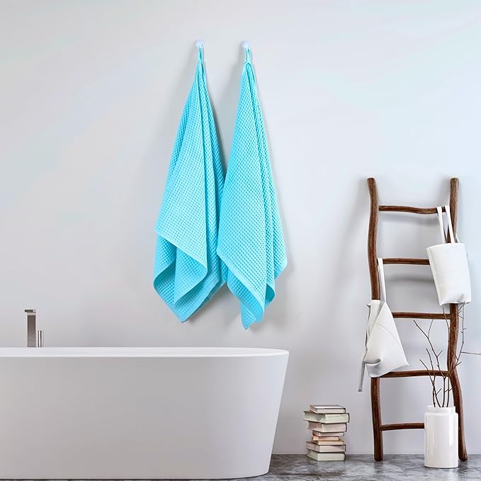 PÜSKÜL Premium Waffle Bath Towels Set of 2 - Organic 100% Turkish Cotton Bath Towel - Quick Dry, Absorbent, Light, Thin, 32x63 Large Waffle Towels (Aqua Turquoise Bath Towels - Pack of 2)