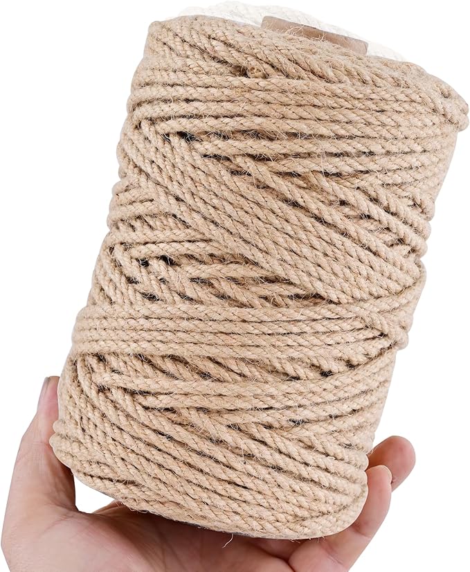 Natural Jute Twine 656ft 5mm,3Ply Twisted Thick Twine Rope Strong Jute String Roll for Crafts Gift Wrapping Gardening Home Decor Bundling Cat Scratching Post