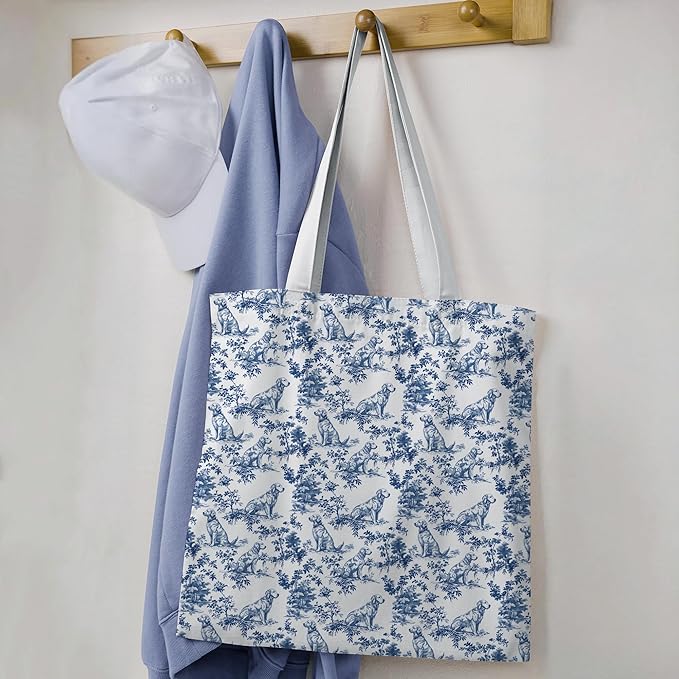 Blue Golden Retriever Tote Bag, Blue and White Chinoiserie Dog Canvas Tote Bags for Women, Grand Millennial Gifts for Women, Vintage Dog Reusable Grocery Shopping Bag