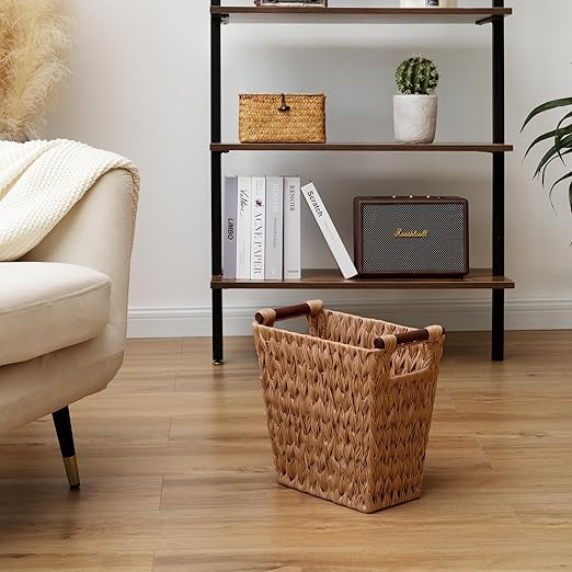 GRANNY SAYS Bathroom Wastebasket, Caramel Orange Woven Trash Can with Handles, Waterproof Wicker Waste Basket for Office, 1-Pack, 13" x 7 ½" x 12 ½"