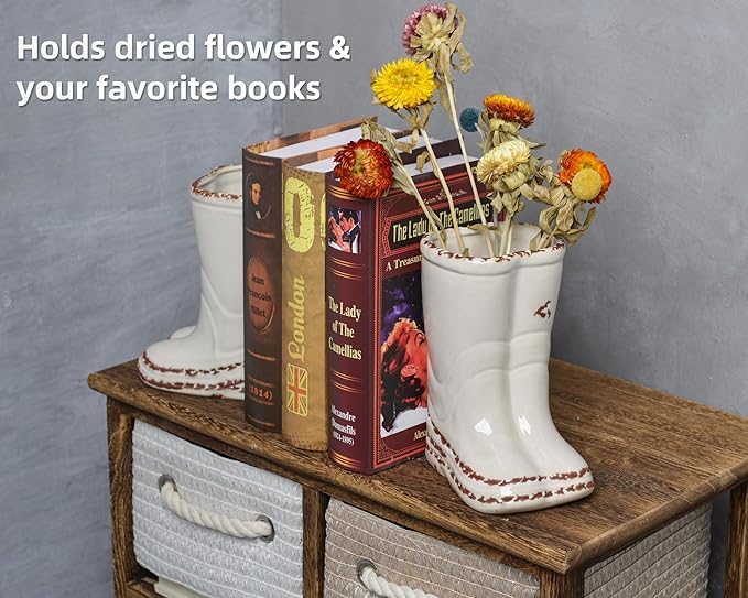 Quoowiit Ceramic Rustic Farmhouse Boot Vase, White Distressed Flower Vase for Home Decor, Decorative Vases for Centerpiece Table Decorations, Vases for Living Room Kitchen Entryway Mantle Shelf Decor