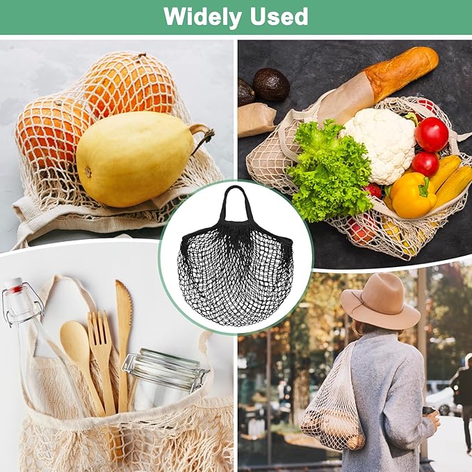 2-Pack Cotton Mesh Bag, Reusable Washable Mesh Net String Grocery Bags, Reusable Produce Bags with Handle, Net Tote Bag for Fruits/Vegetables Shopping [Black, Long&Short Handle]
