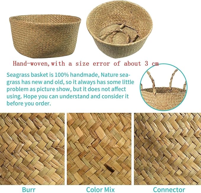 Seagrass Belly Basket, Set of 2 Woven Plant Pot Holder handmade Home Decor for Storage Plants Picnic Grocery Medium(10.63 x 9.44 inch)