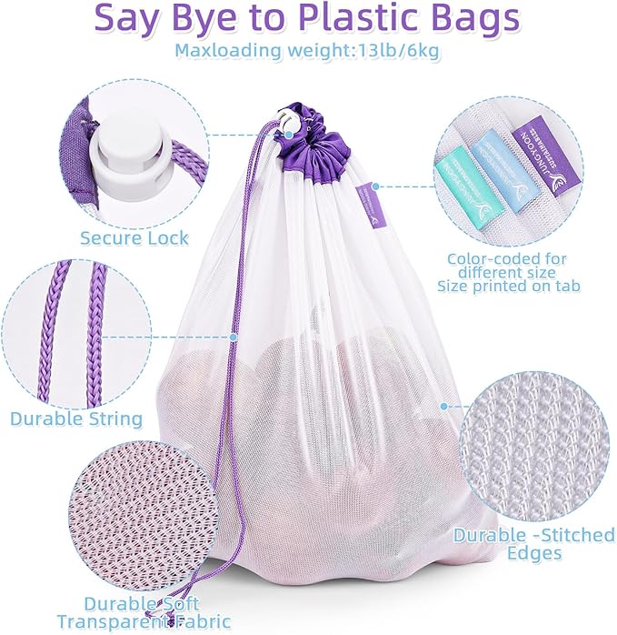 JUNGYOON 9-Pack Reusable Produce Bags & Vegetable Bags – Heavy Duty Washable Mesh Grocery Bag with Drawstring Closure, Eco-Friendly Storage for Farmers Market, Groceries, Beach & Fridge (L, M, S)