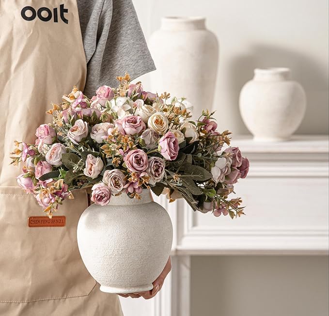 Ceramic Flower Vase, 6.7 Inch White Flower Vase Rustic Farmhouse Decorative Vase Floral Pottery Vases for Home Decor Table Living Room Entryway Mantel Bookshelf Bedroom Bathroom Kitchen - White