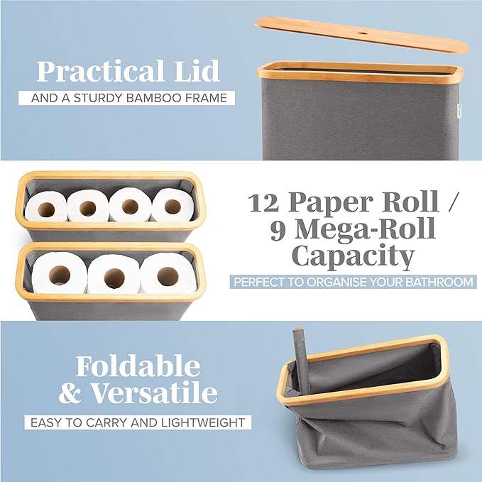 LONBET Toilet Paper Storage for 12 Rolls, Stackable & Foldable - The Ultimate Bathroom Organizer - Waterproof Basket with Bamboo Lid - Elegant Toilet Paper Storage Holder, Gray