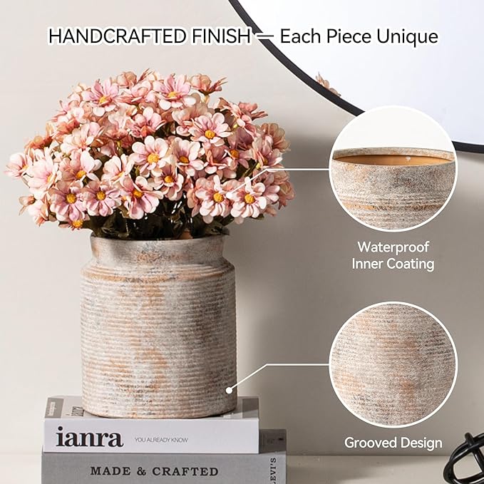 Ceramic Flower Vase 6.5 inch Farmhouse Rustic Vase for Home Decor Handcrafted Pottery Vase Small Terracotta Vases for Dining Table Decor Fireplace Living Room Bathroom Wedding Centerpiece(M-Terra)