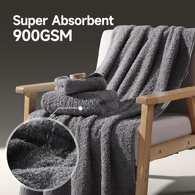 REDKISS Ultra-Plush Bath Towel Set - 900GSM Premium Thick Cotton for Bathroom & Spa, Super Absorbent Quick-Dry Bath Sheets with No Shedding (4-Piece Set for Luxury Hotel & Home Use)-Smoky Grey